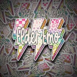 May include: Three colorful lightning bolt stickers with the text "Elder Emo". Each bolt features a different pattern: checkered, stars, and leopard print. The stickers have a white outline and a rainbow gradient.