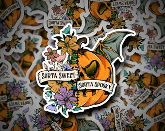 Sorta Sweet Sorta Spooky Sticker | Halloween Sticker | Pumpkin | Bat Wing | Flowers | Halloween | Sticker | Die Cut Sticker