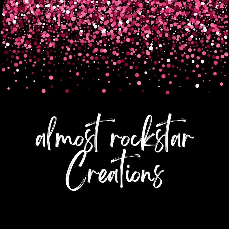 May include: A black background with pink glitter and the text "almost rockstar Creations" in white script. The glitter consists of pink and white dots, creating a festive and eye-catching design.