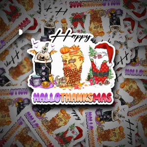Hallothanksmas Coffee Sticker | Halloween Drink Sticker | Coffee Sticker | Thanksgiving Drink | Christmas Drink | Sticker | Die Cut Sticker