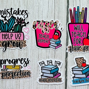 May include: Set of nine teacher-themed stickers featuring various designs, including a coffee mug, a cactus, a stack of books, and a pencil. The stickers have a leopard print design and include phrases like "Mistakes help us grow", "Coffee, teach, repeat", "Will teach for flair pens", "Progress over perfection", "Ha, ha, ha! Made you read", and "Teacher vibes".