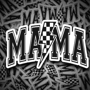 May include: A black and white sticker featuring the word "MAMA" in a bold, block font, with a checkered lightning bolt graphic. The sticker is set against a background of similar stickers.