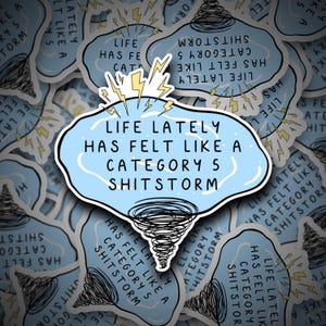 Può includere: Un adesivo con la forma di una nuvola azzurra e la scritta "LIFE LATELY HAS FELT LIKE A CATEGORY 5 SHITSTORM". L'adesivo presenta una grafica a forma di tornado in bianco e nero e fulmini gialli.