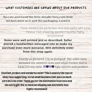 May include: Image displaying customer reviews of products. Text includes positive feedback such as "cute," "perfection," and "excellent quality." The reviews praise the seller's attention to detail, handwritten notes, and extra gifts, highlighting customer satisfaction.