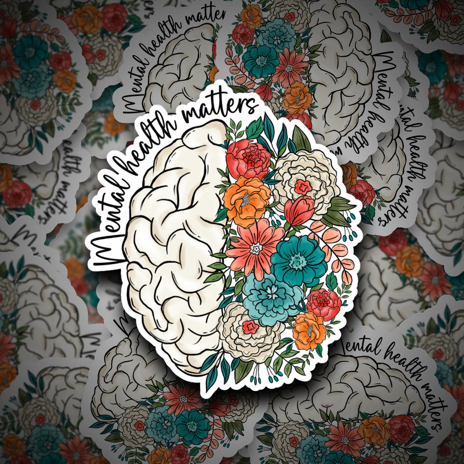 Mental Health Matters Sticker | Brain Sticker | Brian Floral ...