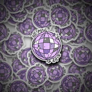 May include: A collection of stickers featuring a purple disco ball design. The stickers have the text "all panic no disco" in a handwritten style. The disco balls have a grid pattern with star accents.