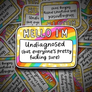 May include: A sticker with the text "HELLO I'M Undiagnosed (but everyone's pretty fucking sure)". The sticker has a white name tag design with a rainbow background and yellow stars. Other stickers are visible.