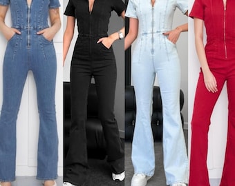 Party Jumpsuit Women Denim Jumpsuit Wide Leg Pants Suit Vintage Romper Jean Blue Overalls Boho Clothing