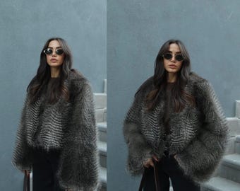 Gray Faux Fur Coat, Cozy Winter Jacket