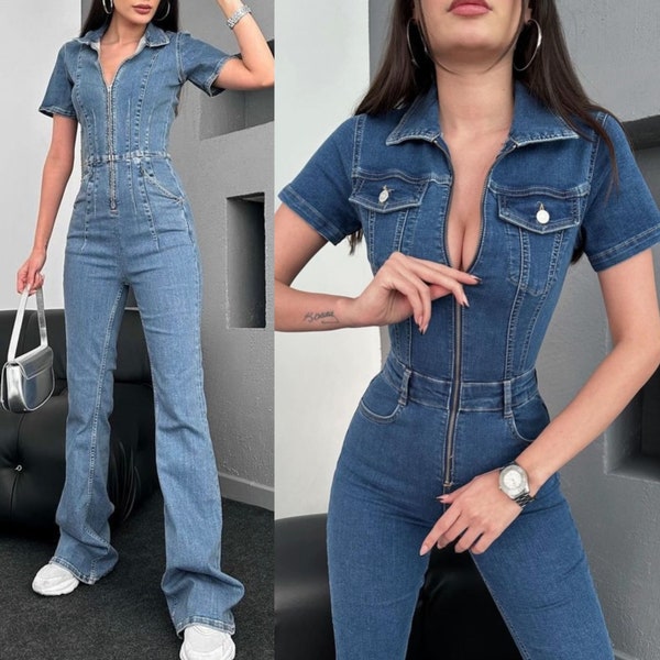 Event Jumpsuit Women Denim Jumpsuit Wide Leg Pants Suit Vintage Romper Jean Blue Overalls Boho Clothing