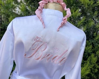 Personalized Satin Bridal Robe with Feather Trim -  Bride to Be Gift