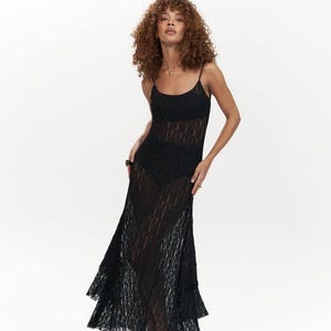 Sheer Lace Maxi Dress with Side Frill Detail