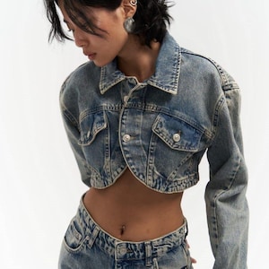 Cropped Denim Jacket – Vintage Green Wash Jean Jacket with Cross Hem Detail – Y2K Streetwear Style