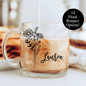 Glass coffee mug, custom mug, personalized glass mug, floral mug, floral glass mug, name mug, wedding favor, new mom gift