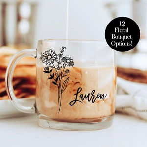 Glass coffee mug, custom mug, personalized glass mug, floral mug, floral glass mug, name mug, wedding favor, new mom gift