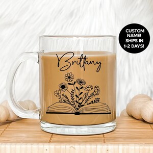 Custom glass mug, Floral glass mug, Book lover mug, Reading mug, clear mug, personalized floral mug, personalized glass mug, name mug,