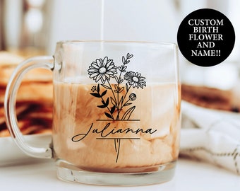 Glass coffee mug, custom mug, personalized glass mug, floral mug, floral glass mug, name mug, wedding favor, birth flower, glass mug