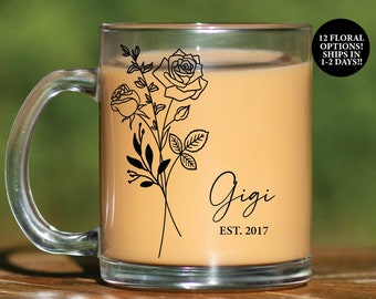 Custom Glass coffee mug, floral mug, glass mug, Grandma mug, Grandma gift, Gift for her, custom glass mug, mug for her