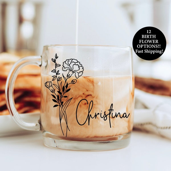 Glass coffee mug, custom mug, personalized glass mug, floral mug, floral glass mug, name mug, wedding favor, new mom gift