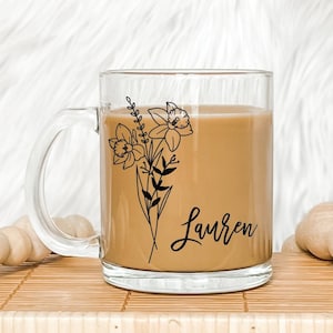 Glass coffee mug, custom mug, personalized glass mug, floral mug, floral glass mug, name mug, wedding favor, new mom gift image 8