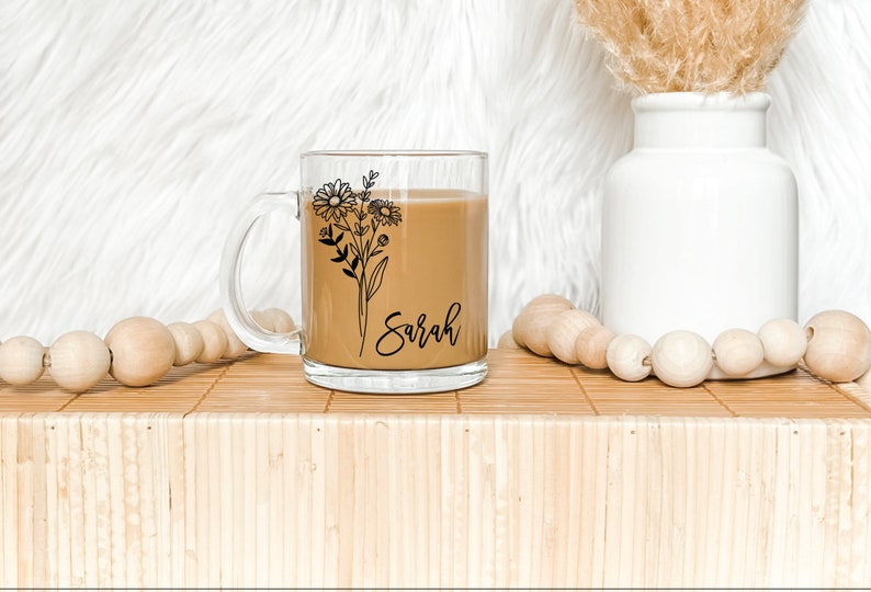 Glass coffee mug, custom mug, personalized glass mug, floral mug, floral glass mug, name mug, wedding favor, new mom gift image 6