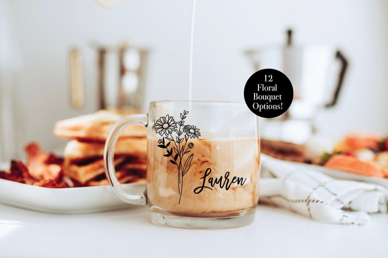 Glass coffee mug, custom mug, personalized glass mug, floral mug, floral glass mug, name mug, wedding favor, new mom gift image 1
