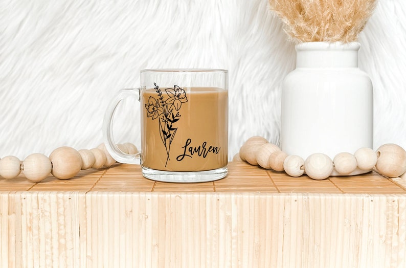 Glass coffee mug, custom mug, personalized glass mug, floral mug, floral glass mug, name mug, wedding favor, new mom gift image 8