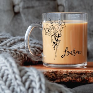 Glass coffee mug, custom mug, personalized glass mug, floral mug, floral glass mug, name mug, wedding favor, new mom gift image 10