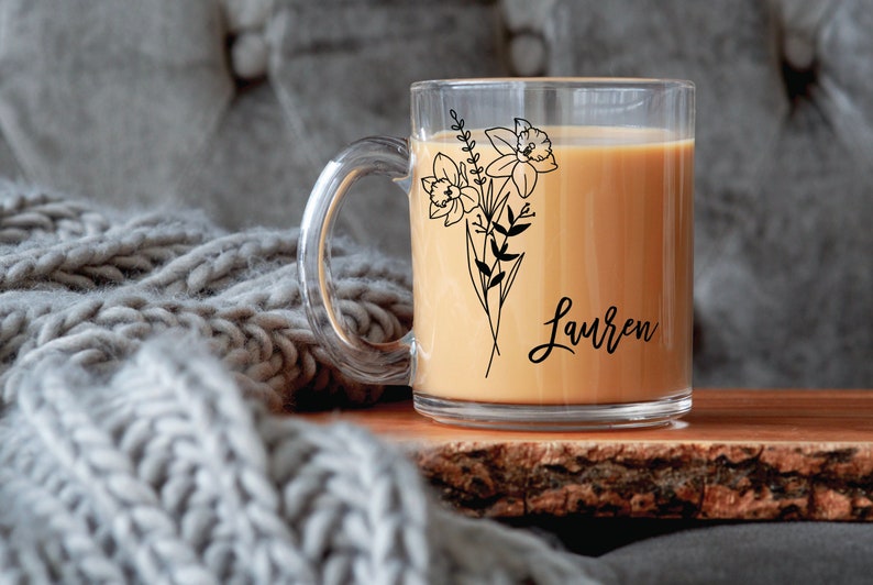 Glass coffee mug, custom mug, personalized glass mug, floral mug, floral glass mug, name mug, wedding favor, new mom gift image 10