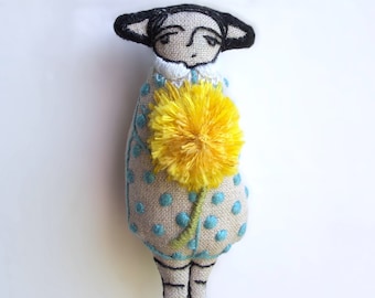 Gorse Fae with Dandelion - A Miniature Hand Embroidered Textile Art Doll, Eco-friendly - 7.5cms