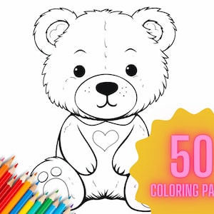 Teddy Bear Simple Coloring Pages 50 Printable Digital Downloads