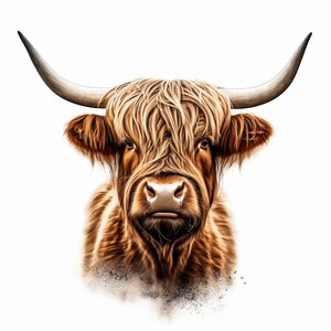 May include: A close-up portrait of a Highland cow with long, shaggy brown fur and large, expressive eyes. The cow has a white muzzle and a long, curved horn on each side of its head.