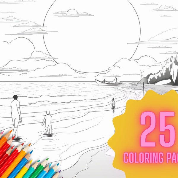 Minimalist Style Summer Beach Adult Coloring Activity Scene 25 Page Digital Downloads