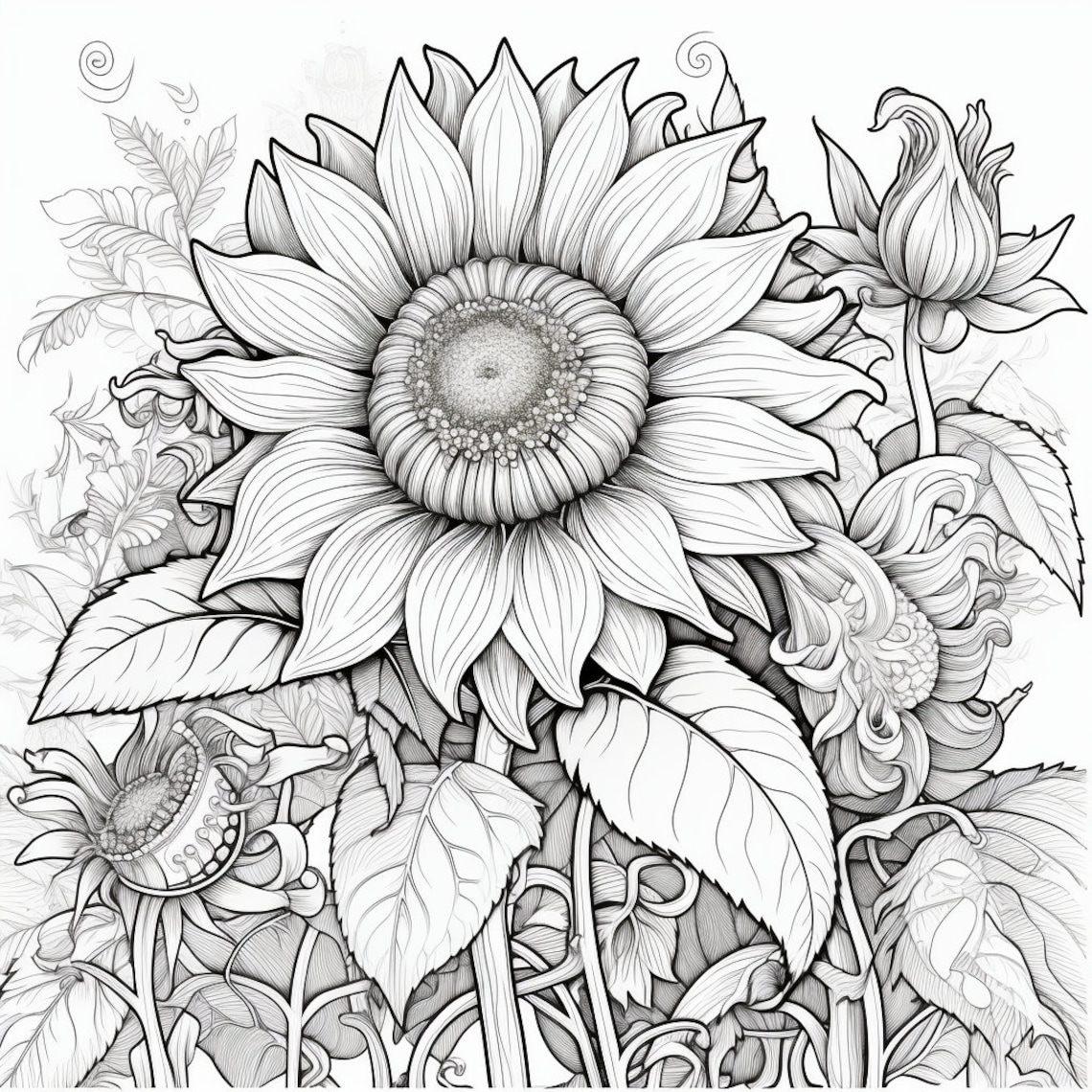 Sunflower Adult Coloring Pages Floral 50 Printable Digital Downloads - Etsy