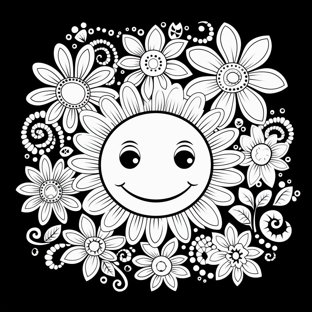 Smiling Flower Adult Coloring Page Black and White Printable 62 Digital ...
