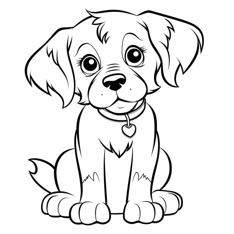 May include: Black and white line drawing of a cute puppy sitting with its ears perked up. The puppy is wearing a collar with a heart-shaped tag.