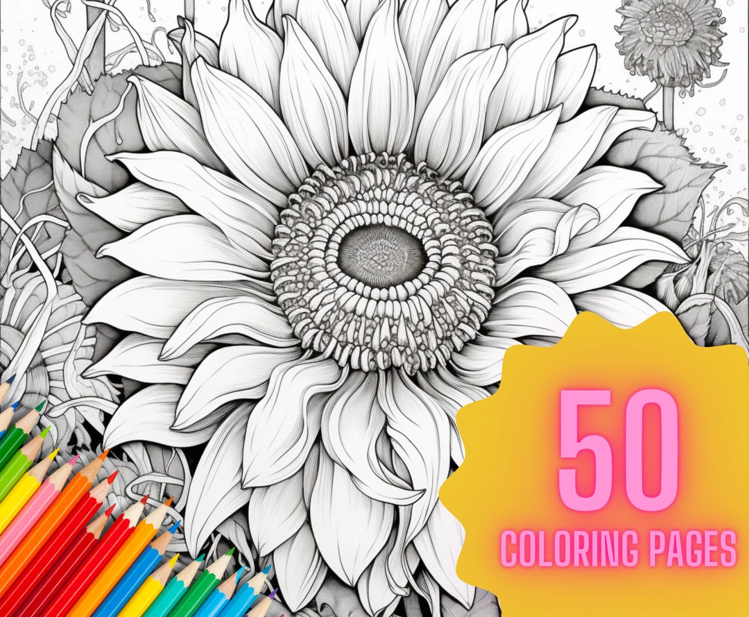 Sunflower Adult Coloring Pages Floral 50 Printable Digital Downloads - Etsy