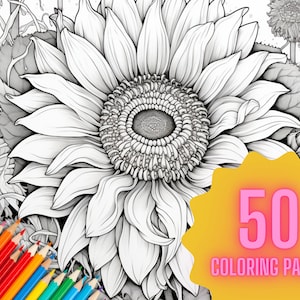 Sunflower Adult Coloring Pages Floral 50 Printable Digital Downloads