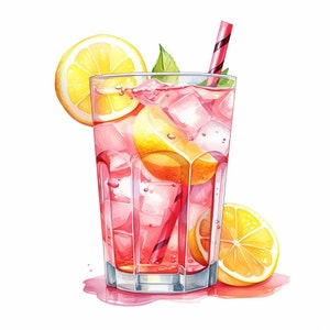 20 Orzeźwiająca różowa lemoniada akwarela clipart Letnie uczucie cyfrowe pobieranie