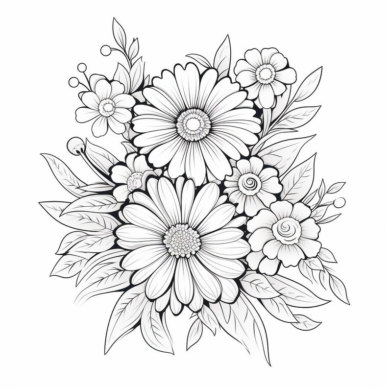 Simple Floral Adult Coloring Pages Flower Printable 56 Digital ...