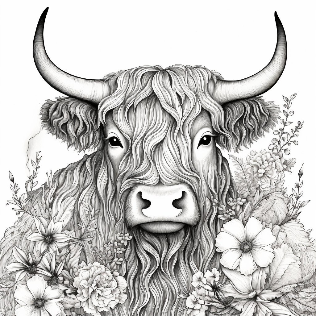 Floral Highland Cow Print Adult Coloring Page 50 Digital - Etsy