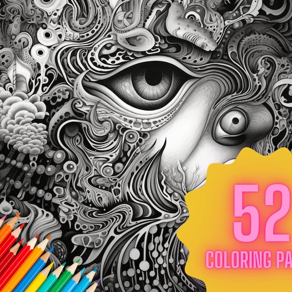 Psychedelic Trippy Adult Coloring Pages Grayscale 52 Digital Downloads