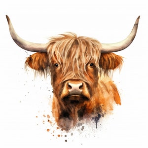 May include: Watercolor painting of a Highland cow with long, brown fur and horns. The cow is looking directly at the viewer with a gentle expression. The background is a white watercolor wash with brown splatters.