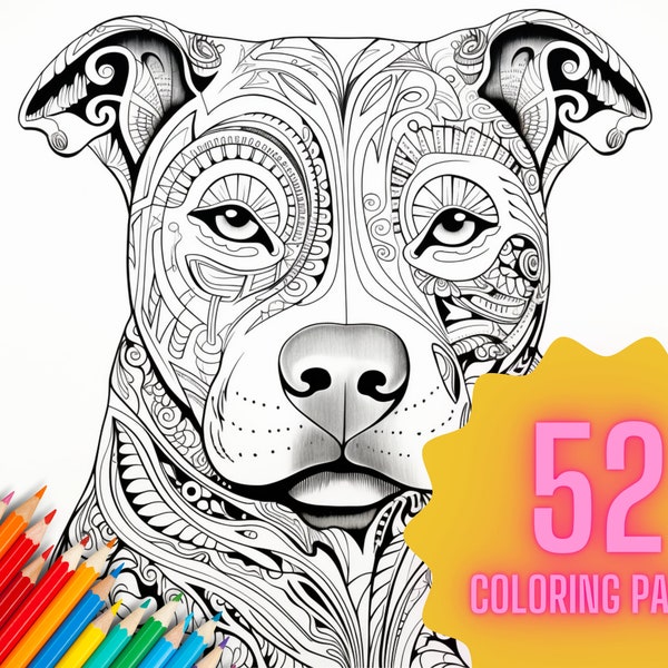 Pitbull Adult Coloring Page Printable Dog Digital Downloads 52 Images