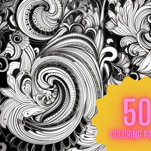 May include: Black and white intricate floral pattern coloring page. 50 Coloring Pages.