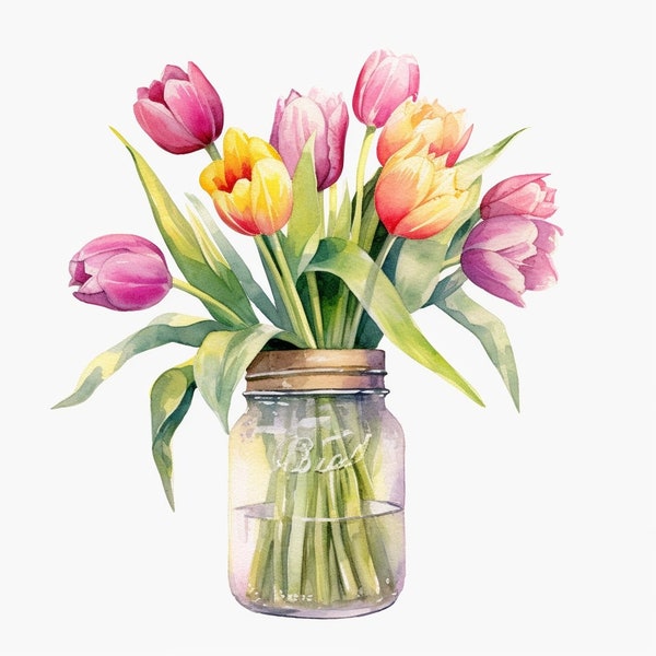 Tulip in Mason Jar Vase Clipart 20 High Quality JPGs Digital Download Card Making Digital Paper Craft