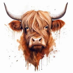 May include: A watercolor painting of a Highland cow with brown fur and long horns. The cow's face is close-up and the background is a white splatter of brown paint.