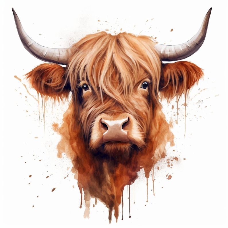 May include: A watercolor painting of a Highland cow with brown fur and long horns. The cow's face is close-up and the background is a white splatter of brown paint.