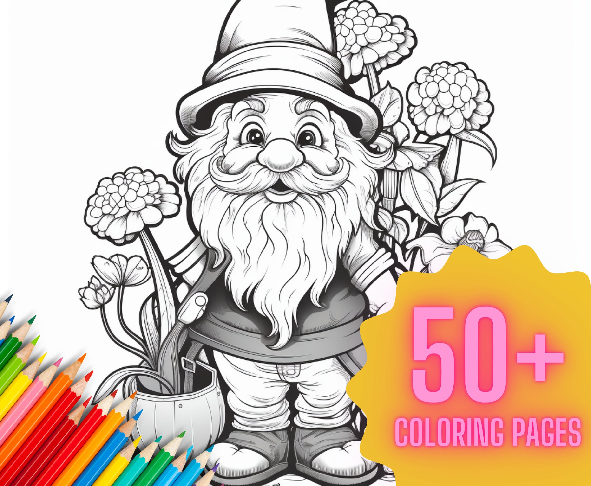 50+ Cute Garden Gnomes Coloring Pages For Adults Printable Magical Gnomes, Enchanted Gnomes, Instant Download