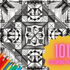 Könnte beinhalten: Schwarz-weißes geometrisches Malbuch mit einem komplexen Muster. Die Seite ist von Buntstiften umgeben. Der Text "101 Malvorlagen" ist in Pink auf gelbem Hintergrund.